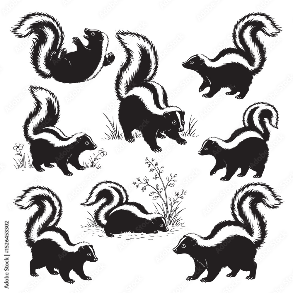 Fototapeta premium Collection of cute black and white skunks in various poses. Hand drawn style ideal for prints, stickers, logos, mascots, and wildlife illustrations. Animals.