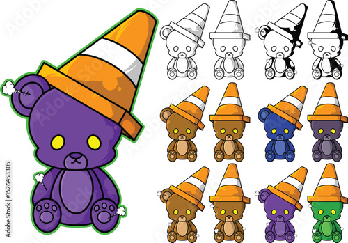 Vector Teddy Bears with Traffic Cone Hats – Cute & Colorful Mascot Set