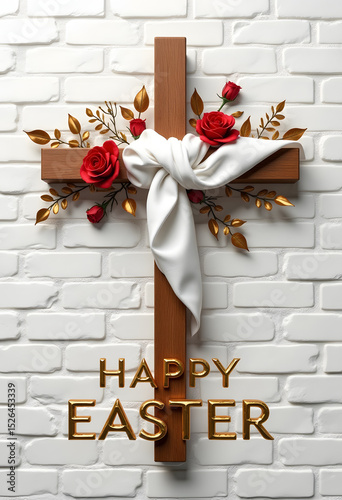 Easter cross with red roses and white ribbon on a textured wall, copy space