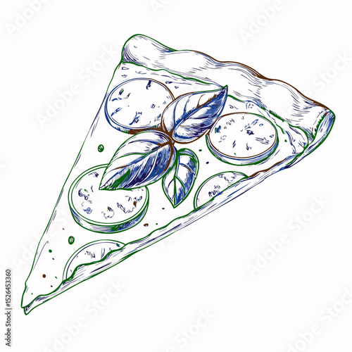 Slice of pizza with mozzarella and basil on white background  