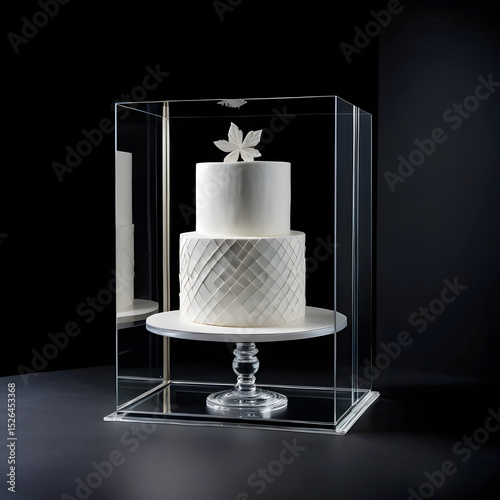 Elegant white wedding cake with intricate design inside display case on dark background, copy space
