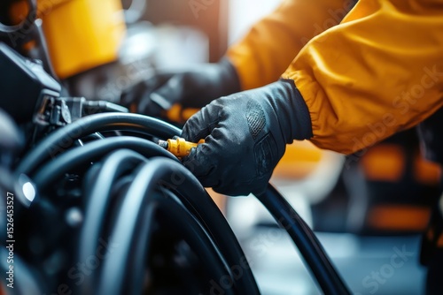 Worker Connecting Hose in Industrial Setting with Safety Gloves