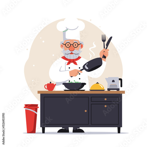 Retired chef cooking meal with frying pan at kitchen counter  
