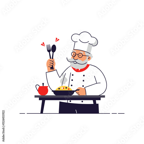 Retired chef cooking meal while smiling at kitchen table with food  