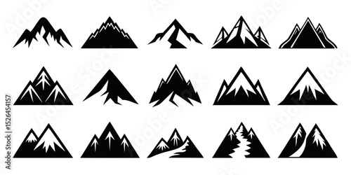 A collection of twelve mountain icons featuring diverse shapes and styles for design projects