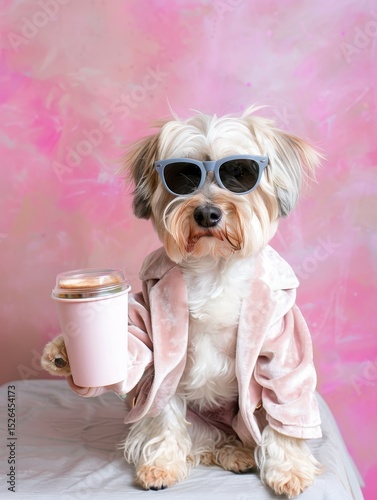 Stylish dog wearing sunglasses and jacket holding coffee against pink background