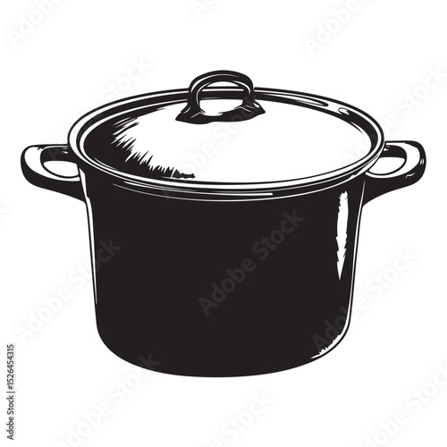 Black silhouette of a cooking pot with a lid for food preparation, Classic Cooking Pot Illustration