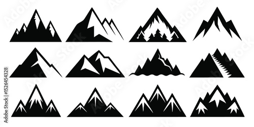 A collection of twelve mountain icons featuring diverse shapes and designs