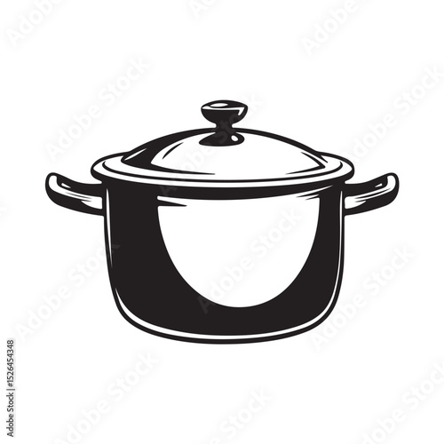Black silhouette of a cooking pot with a lid for food preparation, Classic Cooking Pot Illustration