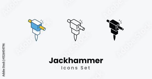 Jackhammer Icons thin line, Black Glyph, Colored Line vector icon stock illustration