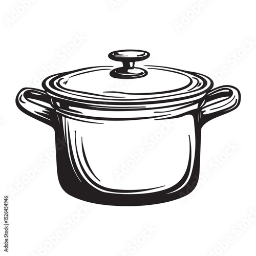 Black silhouette of a cooking pot with a lid for food preparation, Classic Cooking Pot Illustration