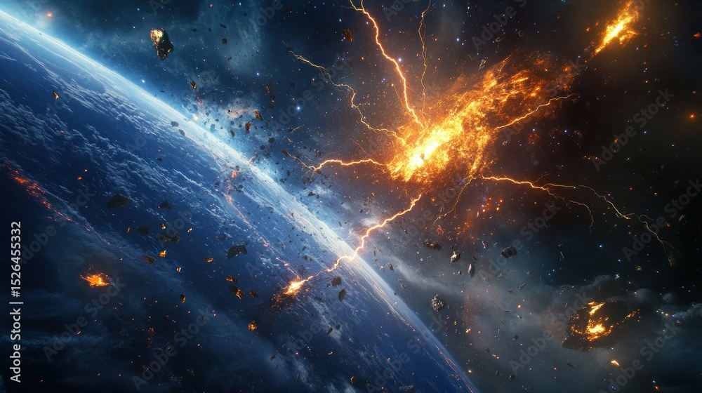 Obraz premium The terrifying sight of Earth being destroyed by a flash of celestial lightning, background wallpaper AI generated image