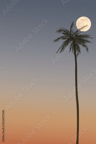 Silhouette coconut palm tree and full moon with sunset sky vertical background graphic illustration have blank space.
