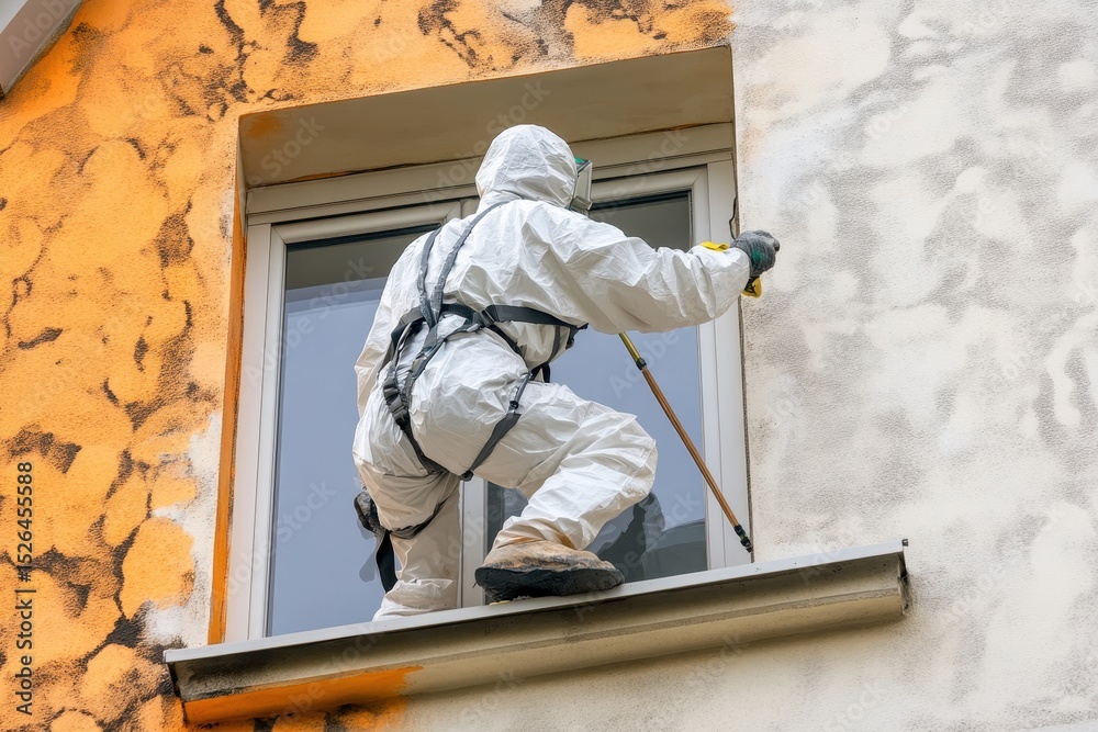 Naklejka premium Worker in Protective Suit Cleaning Window with Orange Wall Background
