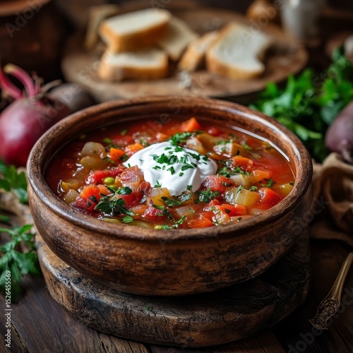 Ukrainian traditional soup borsch from beetroot carrot cabbage potato with pork meat served with sour cream Beautifully served in clay bowl with pieces of bread tomatoes and greenery 