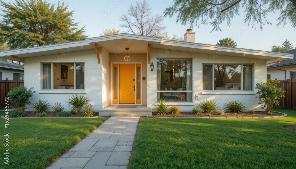 Fototapeta premium Mid-century modern-inspired suburban home with a bright, creative front door and a smooth, streamlined exterior