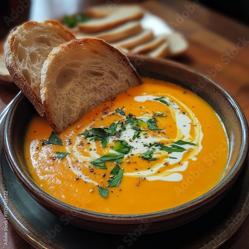 Plate of pumpkin carrot soup served with herbs, cream and crusty bread. --v 6.1 Job ID: 10045665-59e1-4941-8762-fd496287cd58