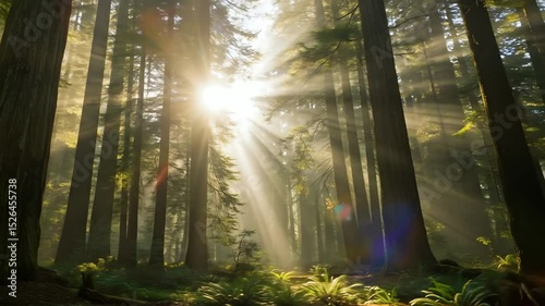 Sun Rays Filtering Through Towering Redwood Forest in Serene Nature Landscape