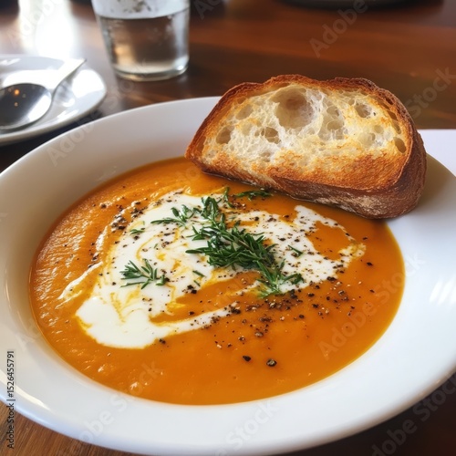 Plate of pumpkin carrot soup served with herbs, cream and crusty bread. --v 6.1 Job ID: 10045665-59e1-4941-8762-fd496287cd58