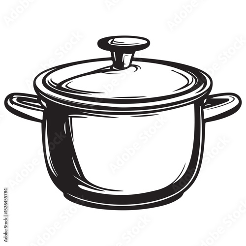 Black silhouette of a cooking pot with a lid for food preparation, Classic Cooking Pot Illustration