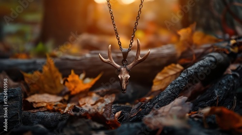 Close-up of a deer antler pendant necklace on autumn leaves with warm sunlight and forest background.