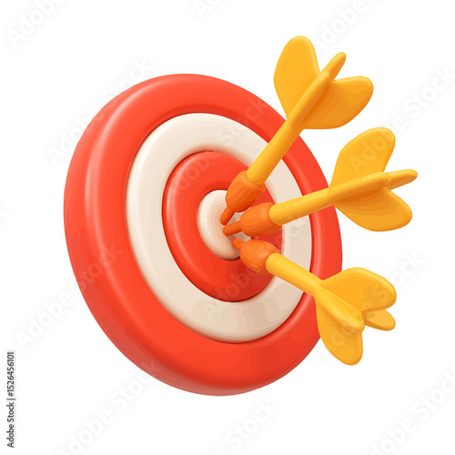Winning success: A red dart hits the bullseye on a white background, demonstrating perfect aim and achieved goals
