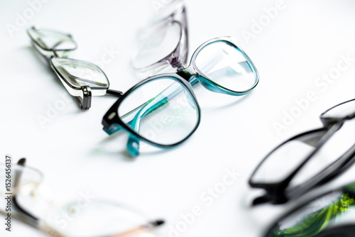 Set with different eyeglasses with lenses isolated on white