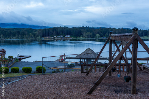 Regatta Grounds Park in Lincoln City, Oregon, on the Devil's Lake shores in twilight