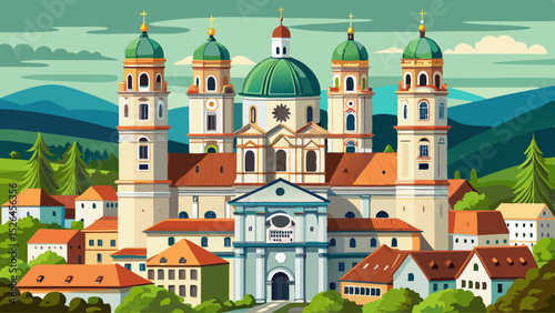 St. Stephans cathedral in Passau, Germany is an old white church with green metal domes on top of the towers Very beautiful