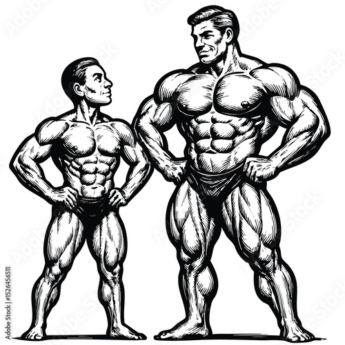 Two bodybuilders, one small and one large, showcasing the contrast in physique and strength