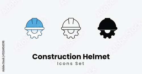 Construction Helmet Icons thin line, Black Glyph, Colored Line vector icon stock illustration