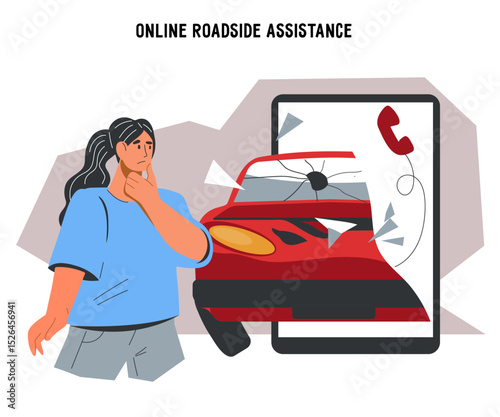 Online service of roadside assistance for emergency car repair and towing banner or emblem, flat vector illustration isolated on white background. Owner in front of crashed car.