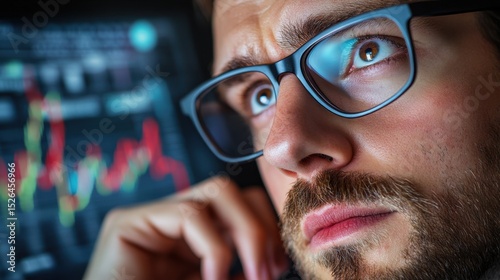 Close-up of a focused man wearing glasses analyzing stock market data on a digital screen with charts and graphs.