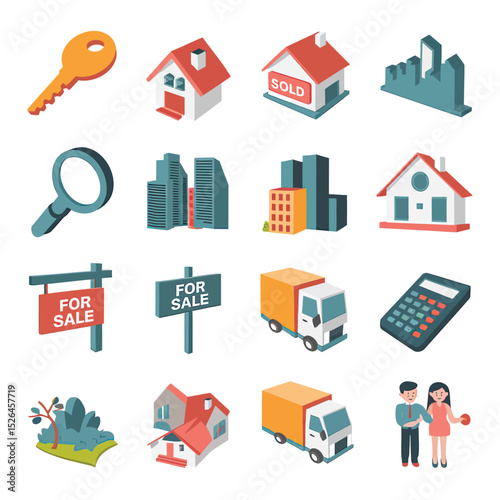 vector icons real estate business house key, symbolizing ownership new home House Sold Sign icon "Sold" sign in front, representing successful real estate 
