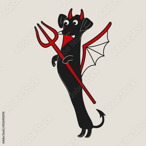 A playful and mischievous cartoon dachshund with devilish horns and a fiery attitude