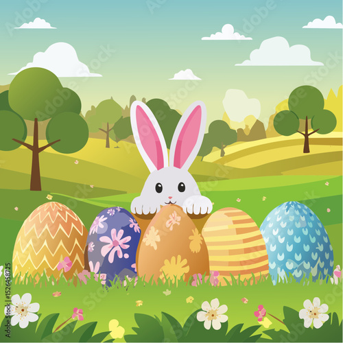 Easter bunny hiding behind decorated eggs
