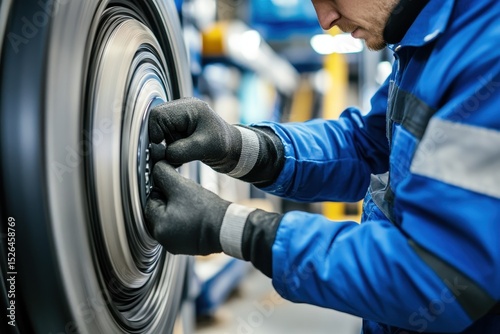 Technician Hands Adjusting Tire in Vehicle Service Shop with Precision