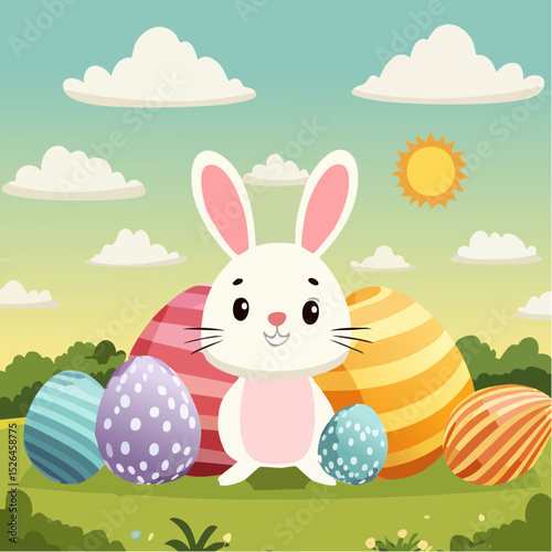 Easter bunny hiding behind decorated eggs
