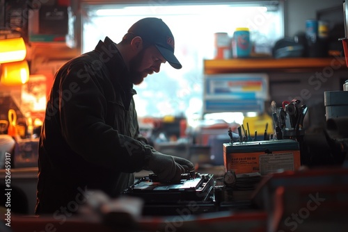 Technician Repairing Equipment in Workshop with Tools and Equipment