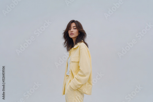 minimalistic studio portrait of person standing to side against light gray background