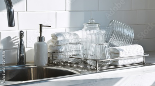 Kitchen Sink With Clean Glassware And Towels On Drying Rack. Modern Kitchen Organization And Cleanliness