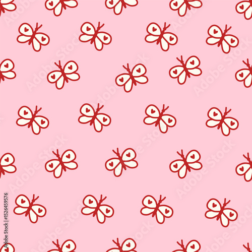 Seamless coquette pattern with cute red butterflies featuring heart details on a soft pink background. Romantic girly aesthetic for fabric, wallpaper, wrapping paper, and kawaii designs.