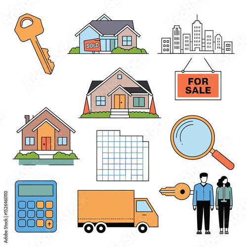vector icons real estate business house key, symbolizing ownership new home House Sold Sign icon "Sold" sign in front, representing successful real estate 
