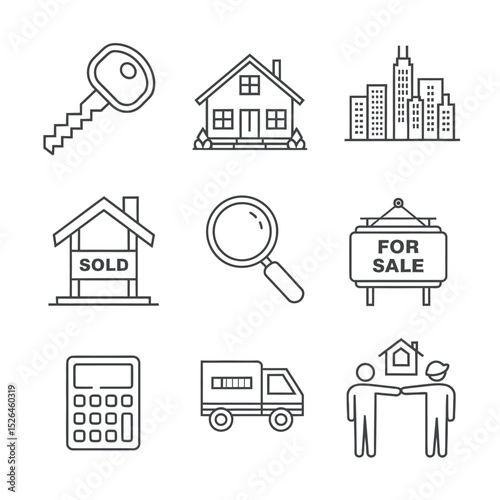 vector icons real estate business house key, symbolizing ownership new home House Sold Sign icon "Sold" sign in front, representing successful real estate 
