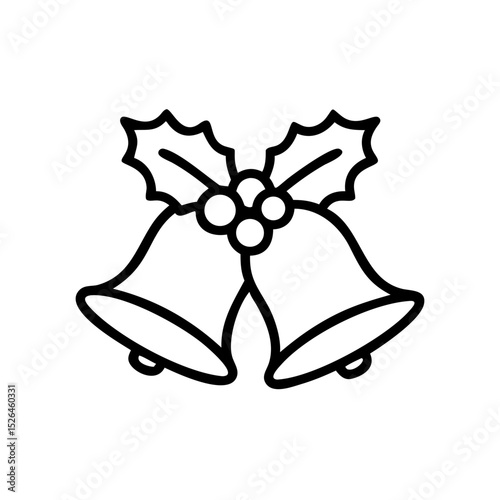 Minimalist black outline vector icon of two bells adorned with holly leaves, berries, and bows, symbolizing winter, holidays, Christmas, and New Year in a clean and simple design