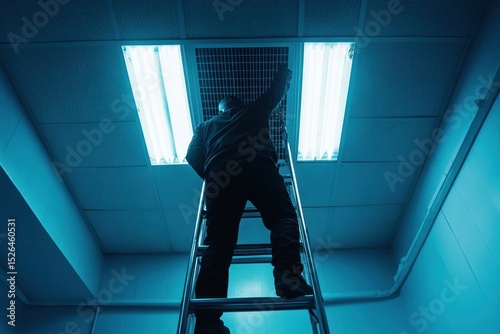 Technician Working on Ceiling Lights with Ladder in a Dark Room