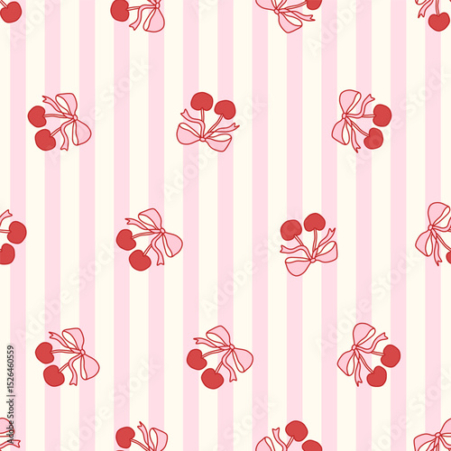 Seamless coquette pattern with red cherries tied in bows on pastel pink and cream vertical stripes. Cute and romantic design perfect for fabric, wallpapers, stationery, packaging. Vector illustration