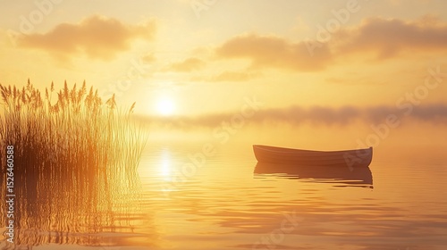 Tranquil sunrise over still water, with a small boat