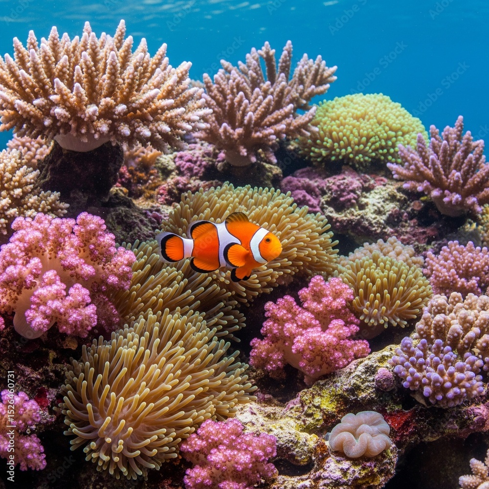 Fototapeta premium Clownfish swimming among sea anemones in a colorful coral reef