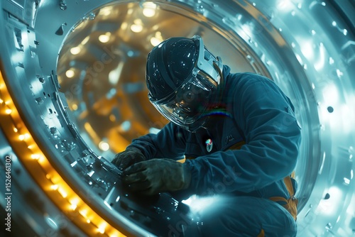 Technician Working on Spacecraft Equipment in High-tech Environment